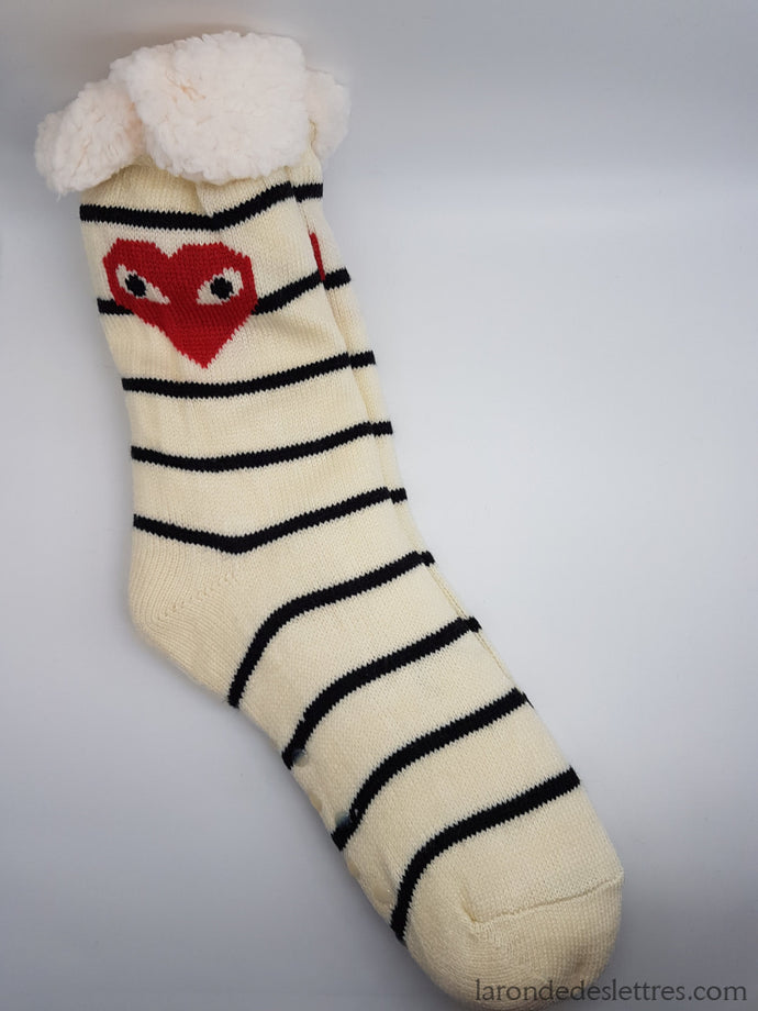 Chaussettes anti-dérapantes Adultes Coeur Blanc & Noir - La Ronde des Lettres