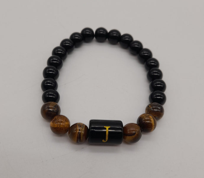 Bracelet lettre initiale onyx & oeil de tigre